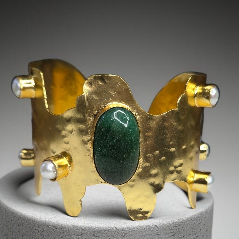 18k Gold Plated Artisan Freshwater Pearl Green Onyx Cuff Bracelet - Picture 7 of 7
